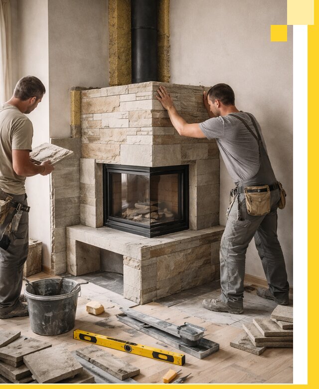 Угловые камины под ключ проект, монтаж и отделка в Ирбите