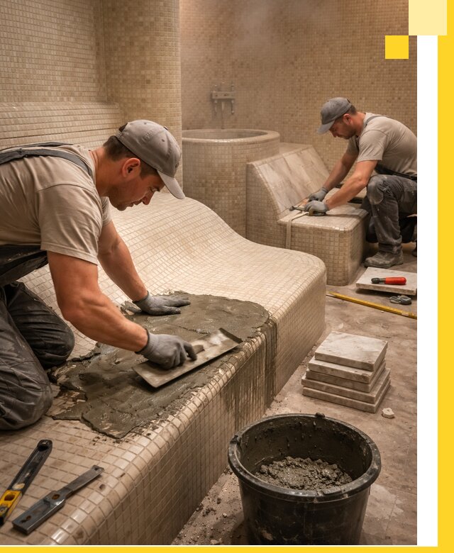 Лежаки для хамама под ключ в Ирбите, проект и монтаж